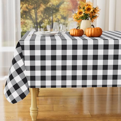 misaya Rectangle Waterproof Vinyl Table Cloth, Buffalo Flannel Backed Tablecloth, Wipeable Plastic Table Cover for Dinner, Kitchen, Outdoor (60 x 84, Black and White)