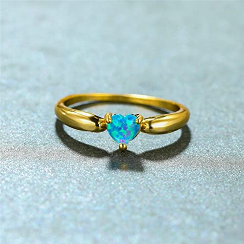BIOLIVING Netter Weiblicher Blauer Opal-Stein-Ring-gelbgold-Farben-dünne Eheringe Für Frauen Versprechen Kleinen Liebes-Herz-verlobungsring