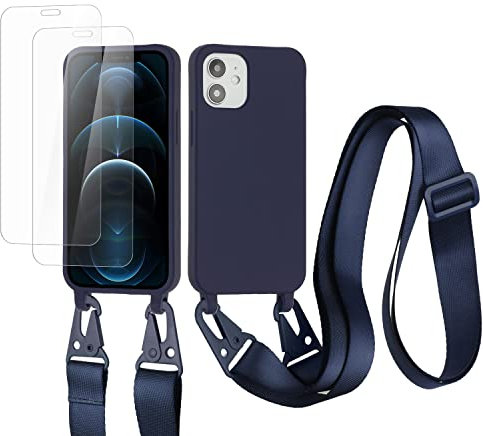 vrupin kompatibel mit iPhone 12 Handykette Hülle,[2 Stück Schutzfolie 9H Härte Gehärtete Folie].Necklace Hülle Nylon Schultergurt Weich Flüssiges Silikon-Navy blau