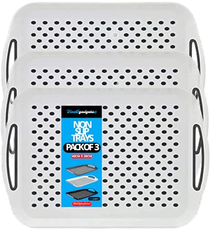 FIVEGGADGETS® (3 Pack) Non-Slip Serving Trays – Anti-Slip Lap Trays for Eating, Dinner, Tea & TV Meals – High-Grip Rubber Surface for Waiters & Home Use – Essential Food Tray (White)