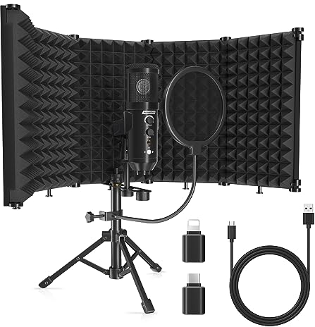 SwaykTech Studio Aufnahme Mikrofon Mit Isolationsschirm, Pop Filter und Metall Tischstativ, Studio Mikrofon für PC, Laptop Und Smartphone, Musikmikrofon für Gesangs Und Podcast Aufnahmen