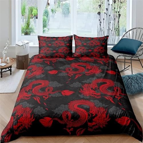Housse de Couette 240 X 260 Dragon Chinois Noir Parure de lit 2 Personnes en Microfibre, Ensemble de Literie avec Fermeture Éclair, Parure de Couette avec 2 Taies d'oreillers 65x65 cm