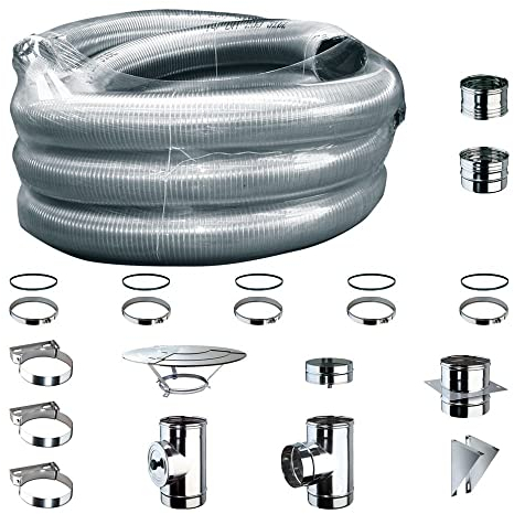 Kit Fumi Diametro 80 - Flessibile in Acciaio Inox con 9mt di tubo flessibile, Kit scarico fumi per Cappa Cucina, Stufa a Pellet e Legna, Caldaie, Camini | Brico Kit