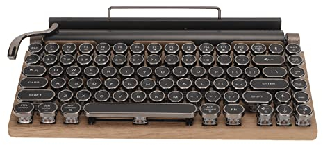 Wireless Typewriter Keyboard, Typewriter Style Mechanical Gaming Keyboard, 83 Keys Blue Switch Retro Punk Keyboard with RGB Backlit, Round Cap, 3 Modes Connection (Wood Grain Color)