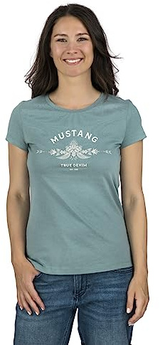 MUSTANG Damen T-Shirt Rundhals O-Neck Basic Slim Fit Kurzarm Logo Print Sommer Shirt 100% Baumwolle Weiß Blau Grün Rot S M L XL XXL, Größe:L, Farbe:Türkis (1014031-6236)