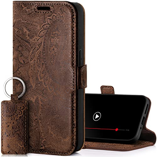 SURAZO Premium Slim Magnet Handyhülle für Samsung Galaxy A54 Hülle Leder – Klappbare Echtleder Schutzhülle [mit Kartenfach, RFID Schutz, Blumenmuster] Klapphülle Wallet Case Cover Lederhülle (Braun)