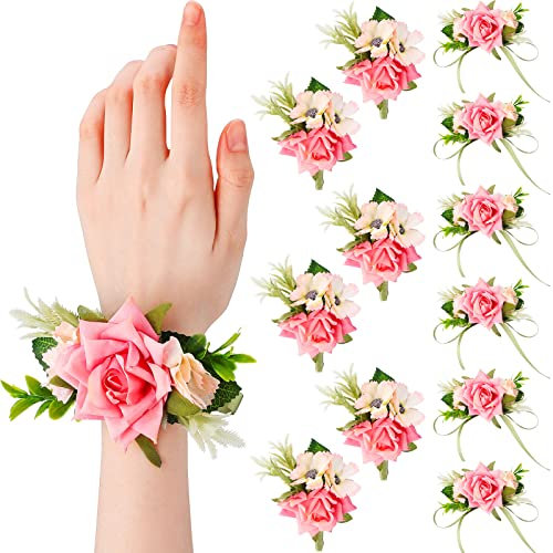 Jexine 24 Stück Rose Blume Handgelenk Corsage und Boutonniere Set Künstliche Ansteckblume Braut Hand Blume Männer Boutonniere Set für Hochzeit Party Abschlussball Dekorationen Zubehör Rosa