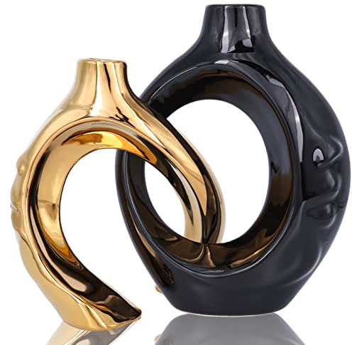 Black Gold Home Decoration Ceramic Vase Set 2, Black Golden Circle Vase with Holes Modern Farmhouse Decor, Center Furnishings, Wedding Entrance Decoration, Family Office Decoration