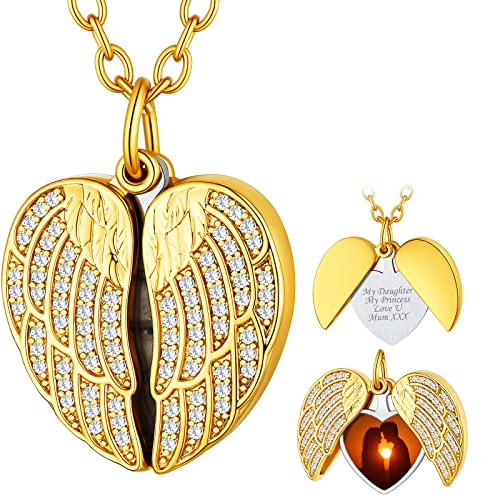 Supcare Kette für Damen Goldkette mit Gravur Halskette mit Flügel Medaillon zum Öffnen für Bilder Foto Herz Anhänger Herzkette mit CZ Amulett Kettenanhänger Bilder Locket Fotokette Schmuck für Vati