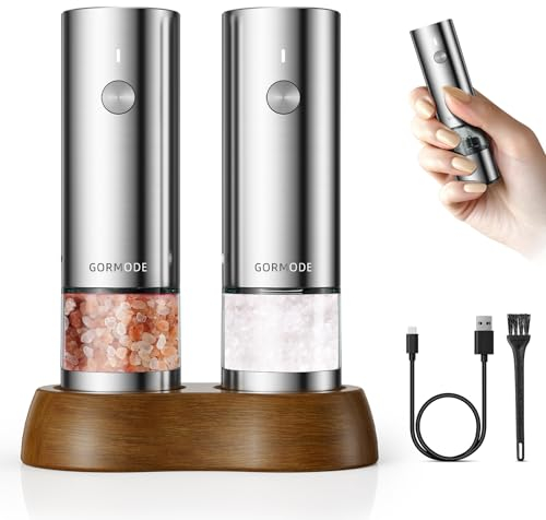 Juego de molinillos de sal y pimienta, molinillo eléctrico de sal marina y pimienta con 5 grosores ajustables recargables por USB, de acero inoxidable, con una mano, saleros automáticos con base de