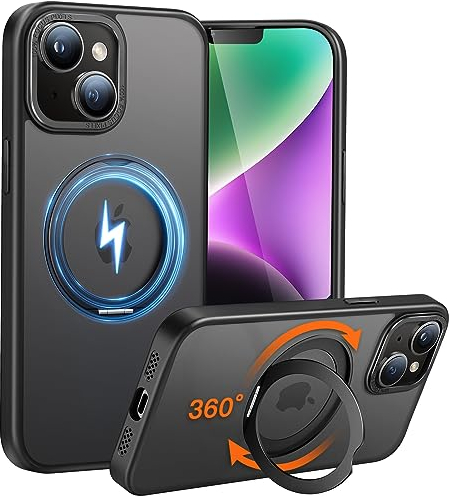 HuwaiH handyhülle für iPhone 13/14 Hülle, [360° Magnetischer Ring Ständer ] [mit Mag-Safe] [Transluzente Matte] Stoßfeste Kratzfeste Schutzhülle für iPhone 13/14 (Schwarz)