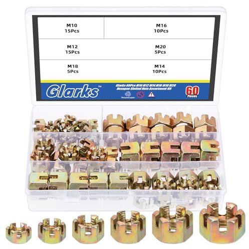 Glarks Juego de 60 tuercas hexagonales M10 M12 M14 M16 M18 M20 Tuercas Ranuradas Hexagon Slotted Tuercas de 6 Tamaños de Acero al Carbono para Reparación de Accesorios de Coche Moto