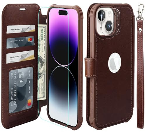 VANAVAGY Compatible with iPhone 15 Plus/14 Plus Wallet Case,Rfid Flip Leather Cover with Wrist Supports Wireless Charging with Card Holder,[Glass Screen Protector and Camera Cover],Brown