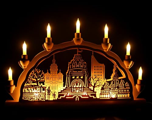 Schlick & Türk Schwibbogen Leipzig - Stadtmotiv - 51cm, 7 Kerzen + Vorbeleuchtung - Feine Handarbeit aus dem Erzgebirge - Weihnachten erzgebirgischer Lichterbogen