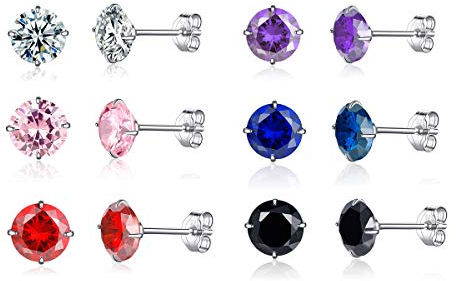Kamise Damen Silber Ohrstecker, 6 Paare 925 Sterling Silber Zirkonia Ohrstecker Ohrringe Set, 3mm Unisex Klein Schlafen Knorpel Ohrstecker Ohrringe, 6 Farben in Weiß, Schwarz, Rosa, Lila, Rot, Saphir