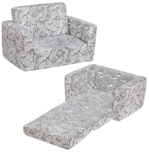 BEJOY Kindersofa Aufklappen 2 in 1 Schlafsofa, Kindersessel, Flanell Kinder Couch Ausklappbar Kinder Sofa für Kinderzimmer Kindertags- und Geburtstagsgeschenk für Mädchen und Jungen - Grau mit Dinos