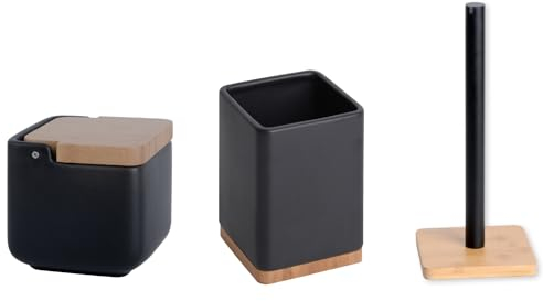KOOK TIME Set de Accesorios Cocina - Incluye salero de Cocina, Porta Utensilios de Cocina y Porta Rollos Papel Cocina - bambú, cerámica y Metal - Negro Mate y bambú