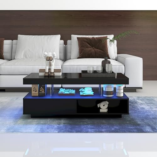 BTM Table Basse LED Moderne, Table Basse carrée avec avec 4 Plateaux en Verre, 2 tiroirs et 2 Compartiments Ouverts, Charge 35kg, 95x50x42 cm, Noir Brillant