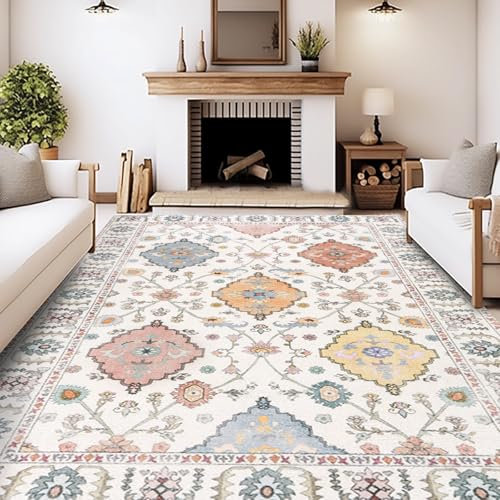 MAST DOO Teppich Wohnzimmer Waschbarer 120x160cm - Boho Kurzflor Teppich Schlafzimmer - Orientalischer Vintage Teppiche Weich rutschfest Design für Schlafzimmer, Esszimmer, Küchen