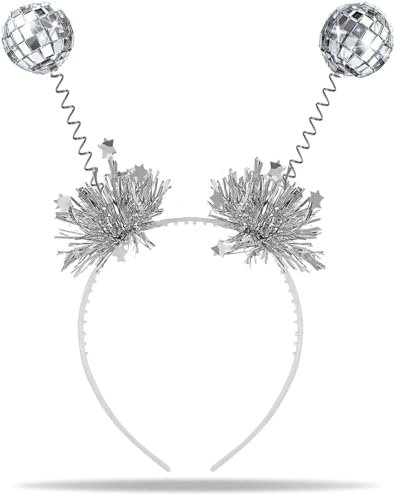Hatstar Disco Kugel Haarreif in silber | Kopfschmuck mit 2 runden schwingenden Spiegel Kugeln | Alien Glitzer Disco Bälle | Accessoire zum Fasching & Karneval Kostüm | für Kinder, Damen & Herren