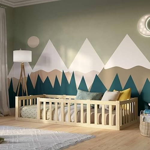 Crazy Pine Lit Enfant 190x140 cm – Lit Montessori au Sol avec Barrière 40 cm - Bois Naturel avec Surface Lisse - Parfait pour Garçons et Filles Crazy Johnny