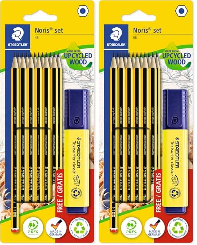 Staedtler Bleistift Set Noris, Made from Upcycled Wood, 12 Bleistifte Härtegrad HB, gelber Textsurfer classic Textmarker, 120 BK12P1 (Packung mit 2)