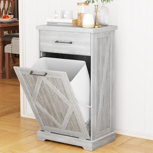 DHH Tilt Out Trash Cabinet 10 Gallon Wooden Free Standing Laundry Sorter Cabinet,Recycling Cabinet with Hideaway Drawer,Freestanding Dog Proof Trash Can for Kitchen Bathroom Bedroom Gray Oak