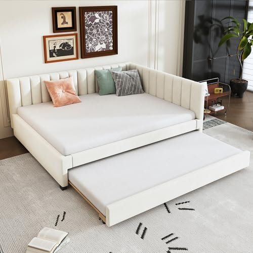 A ALFRESCOOL Polsterbett 140 * 200, Ausziehbares Schlafsofa, Multifunktionsbett mit Lattenrost, Jugendbetten Kinderbetten Gästebetten, Samtstoff Beige
