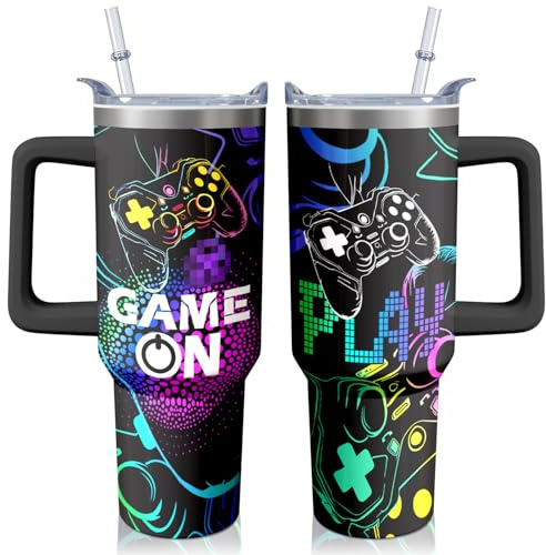 Hachishun Gamer's Choice Tumbler 40oz - Vacuum Insulated Stainless Steel Cup with Handle & Straw, 8-Bit Pixel Design for Gaming Enthusiasts (Holiday Birthday Gift)