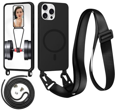 Beajew Handykette für iPhone 13 Pro Max Hülle mit Band [Kompatibel mit Magsafe] Flüssig Silikon Necklace Handyhülle Magnetische Schutzhülle zum Umhängen Kordel für iPhone 13 Pro Max, Schwarz