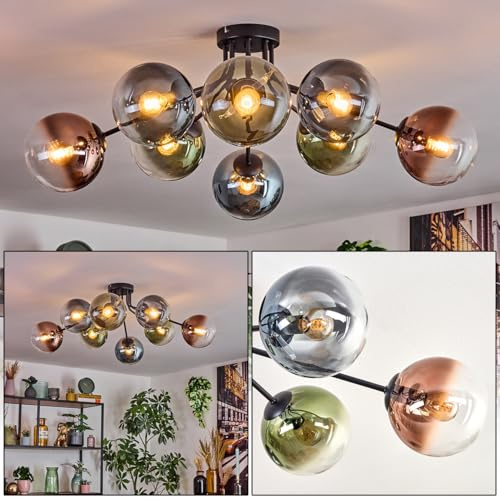 HOFSTEIN Deckenleuchte Gastor, 8-flammige Deckenlampe aus Metall/Glas in Schwarz/Blau/Grün/Kupfer/Klar, Leuchte im Retro/Vintage-Design (Schirme Ø 15 cm), E14, Esszimmer, Wohnzimmer, Schlafzimmer