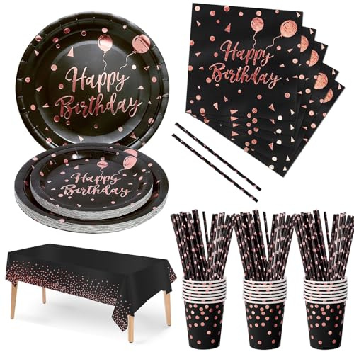 Nkaiso Compleanno Stoviglie per feste Nero e Oro Rosa 121 Pezzi Carta Set Include Piatti usa e getta, Tovaglioli Bicchieri Forniture per la Decorazione di feste -24 Ospiti