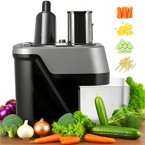 AUTUMFLATGAO 4 in 1 Commercial Vegetable Chopper, Double Feed Port Food Processor, Electric Vegetable Cutter, Automatic Onion Slicer& Shredder with 4 Stainless Steel Blades