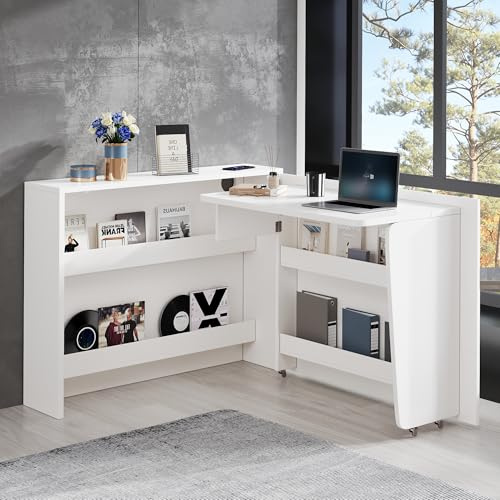 Ligterra Faltbarer Schreibtisch, Eckschreibtische, Computertisch, Frisiertische, Sideboards, mit Rollen & Wireless, und Regal&Anti-Kipp, Rollen mit Bremse, 115×139×93cm (Weiß)