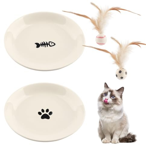 Lot de 2 gamelles pour chat en céramique - Antidérapantes - Avec base en silicone - Gamelle plate pour chat - Pour nourriture humide et sèche - Gamelle pour chat - Avec 2 balles de jeu - Blanc