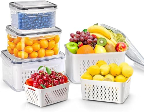 Freshmagis 8PCS Fridge Organizers with Lids & Removable Colander – Stackable Fruit & Veggie Storage Containers for Refrigerator (Maximum 3150ML)