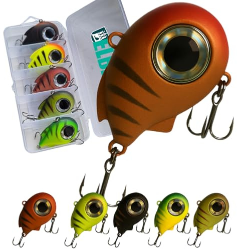 ELBFANG Crankbaits Wobbler HyperEye Box – 5 Lipless Crankbaits Wobbler | 4,5 cm – 8,5 g | langsam sinkend | Vibrationsköder Set für Barsch, Zander & Hecht | Premium Tackle Box enthalten