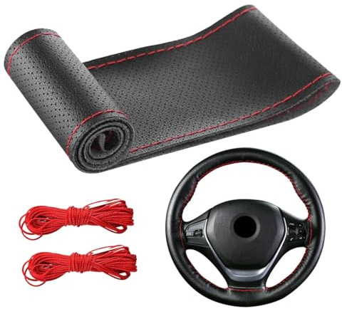 WUFKOP Echtes Leder Lenkradbezug zum Aufnähen, Universaler Lenkradbezug aus atmungsaktivem Kunstleder, handgenähtes DIY Lenkradcover in Schwarz mit Roter Naht für 38cm Lenkräder