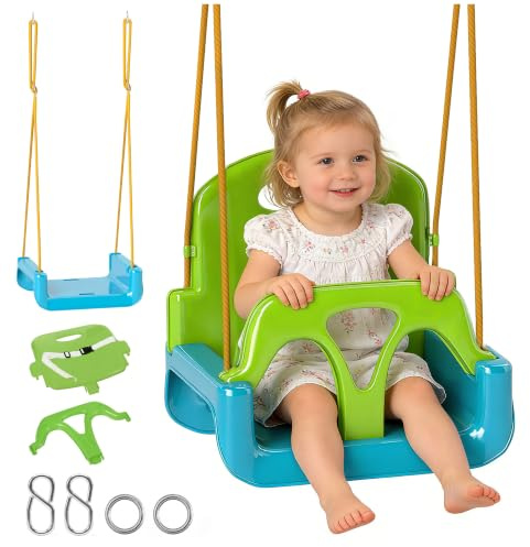 Outsunny Columpio Infantil 3 en 1 Cuerda Ajustable para Bebés Verde Oscuro | Respaldo Desmontable, Barra en T, Cinturón de Seguridad, Interior Exterior, Solo Asiento