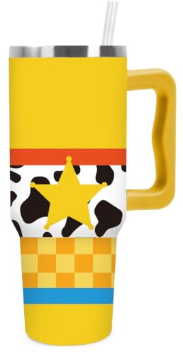 FYSUIMU Cartoon Story Tumbler with Handle Toy Theme Stainless Steel Cup 40oz Yellow Plaid Star Cow Print Insulated Travel Mug with Lid Straw for Car Office Home Use