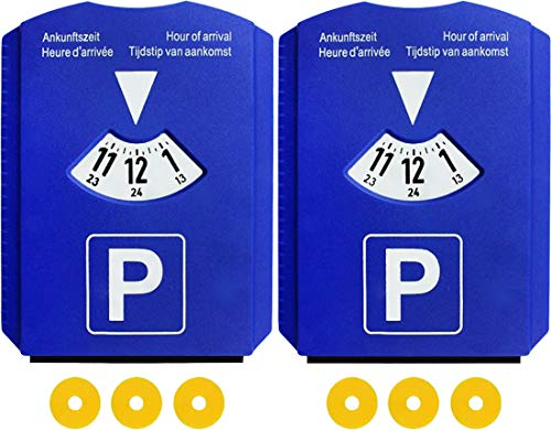 M&H-24 Parkscheibe Parkuhr für Auto Europa - mit 3 Einkaufswagenchips und Eiskratzer in Kunstoff Blau 2 Stück