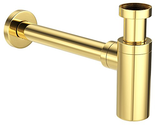 ATCO® Sifone di design per bottiglie, sifone di scarico, sifone a tubo, sifone per lavabo, rotondo, 1 1/4 x 32 mm, placcato oro