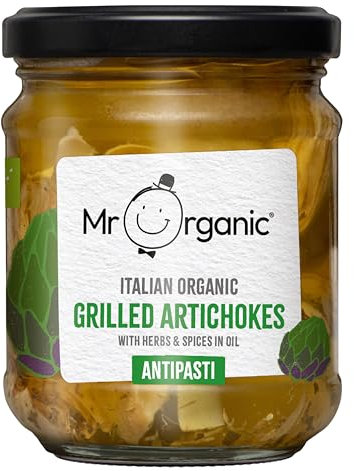 Mr Organic - Organic Grilled Artichoke Antipasti 190g - Non GMO & Preservative Free - Gluten Free & Vegan - Made With Organic Artichokes - Pack of 1