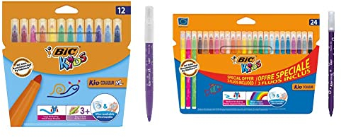 BIC Kids Fasermaler Kid Couleur XL - auswaschbare Filzstifte & Form – Ab 3 Jahren – Im Kartonetui & Fasermaler Kid Couleur - auswaschbare Filzstifte – 1 x 24 bunte Kinder Filzstifte