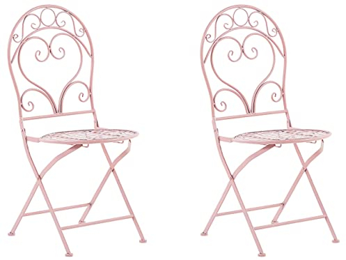 Lot de 2 Chaises Bistrot Pliantes en Métal Rose avec Ornaments Décoratifs pour Jardin Terrasse ou Balcon au Style Classique et Romantique Beliani