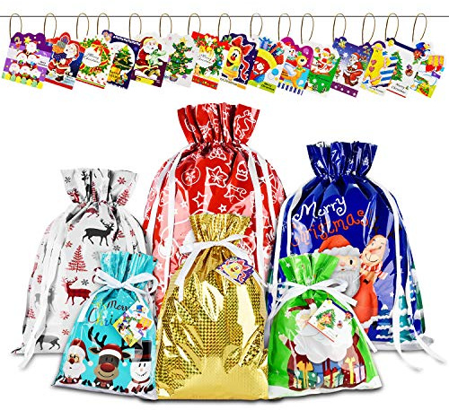 AUERVO 30pc Christmas Drawstring Gift Bags with Tags, 6 Designs, 4 Sizes - X-Large, Large, Medium, Small - Holiday Present Goody Bags for Xmas Party