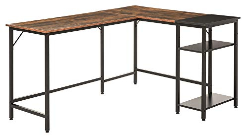 HOMCOM Bureau Informatique Design Industriel Bureau d'angle 2 tablettes Support CPU imprimante Aspect Vieux Bois métal Noir