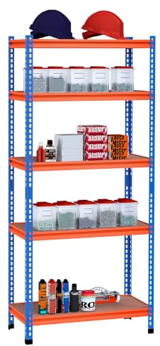 HOMCOM Metall-Lagerregal 80x40x182 cm mit 5 höhenverstellbaren Ebenen Maximale Belastung pro Regal 300 kg für Lager, Garage, Werkstatt Blau und Orange