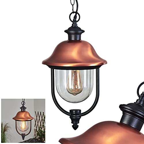 Außenhängeleuchte Gascon, Außenleuchte aus Metall/Kuntstoff in Schwarz/Kupferfarben/Klar, Hängeleuchte im Landhaus-Stil für Terrasse/Hof/Eingangsbereich, 1 x E27 max. 60 Watt, IP43