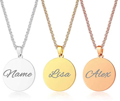 Personalisierter Rundkette mit Wunschgravur - Damen-Kette Namenskette mit Name oder Buchstaben Halskette Amulett in Rund-form Plättchen - Initialen Edelstahl Gravur Kette Runder Anhänger Silber